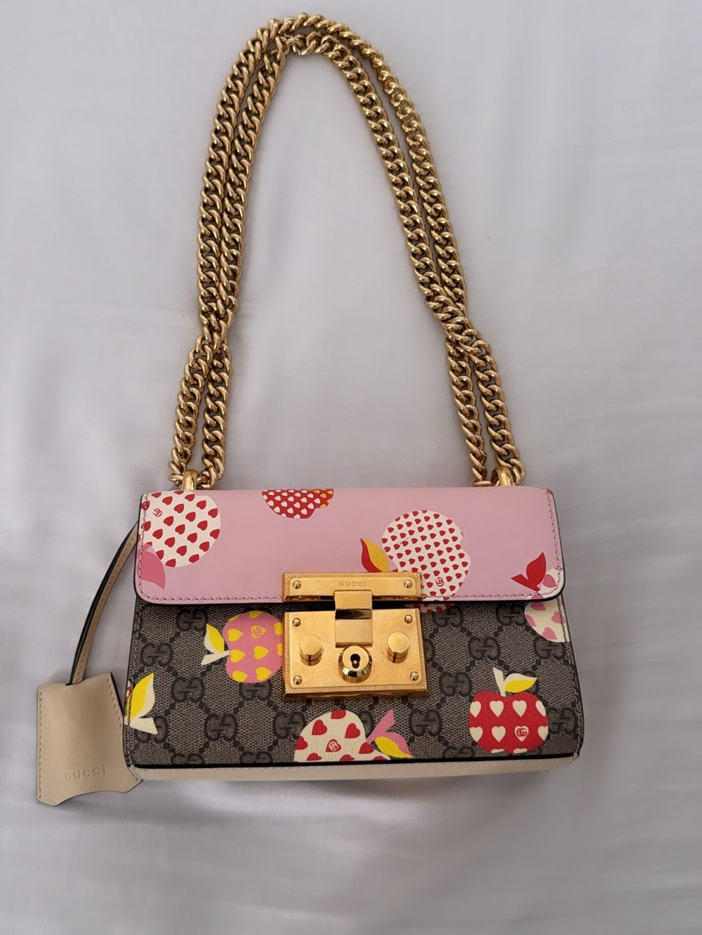 Gucci Padlock Small GG Supreme Apple Hearts Print Chain Shoulder Bag